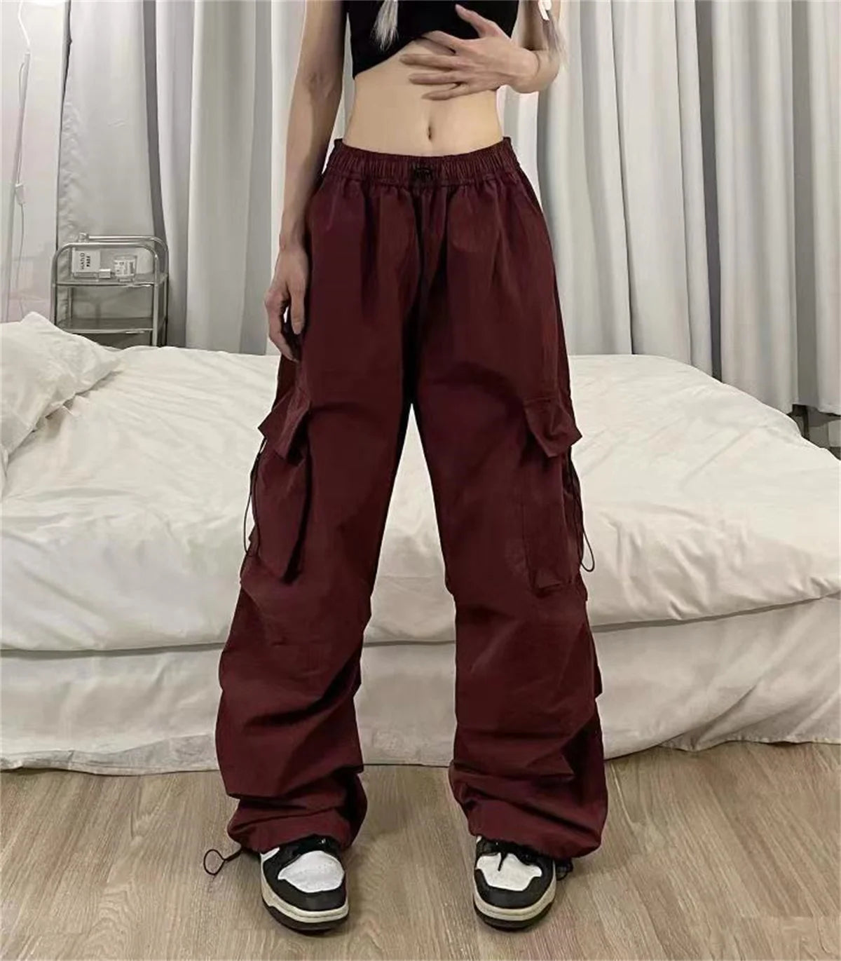 Red Big Pockets Cargo Pants Women High Waist Loose Streetwear Baggy Tactical Trouser Fashion Hip Hop Joggers Trousers Female