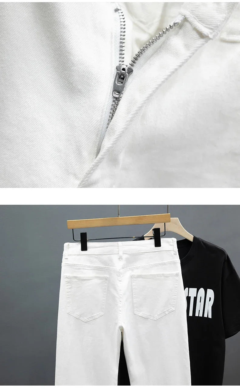 Slim Fit Men's Jeans Spring Summer Thin Cotton Soft Elastic Trendy Ankle Length Pants Straight Korean Simple Denim Trousers