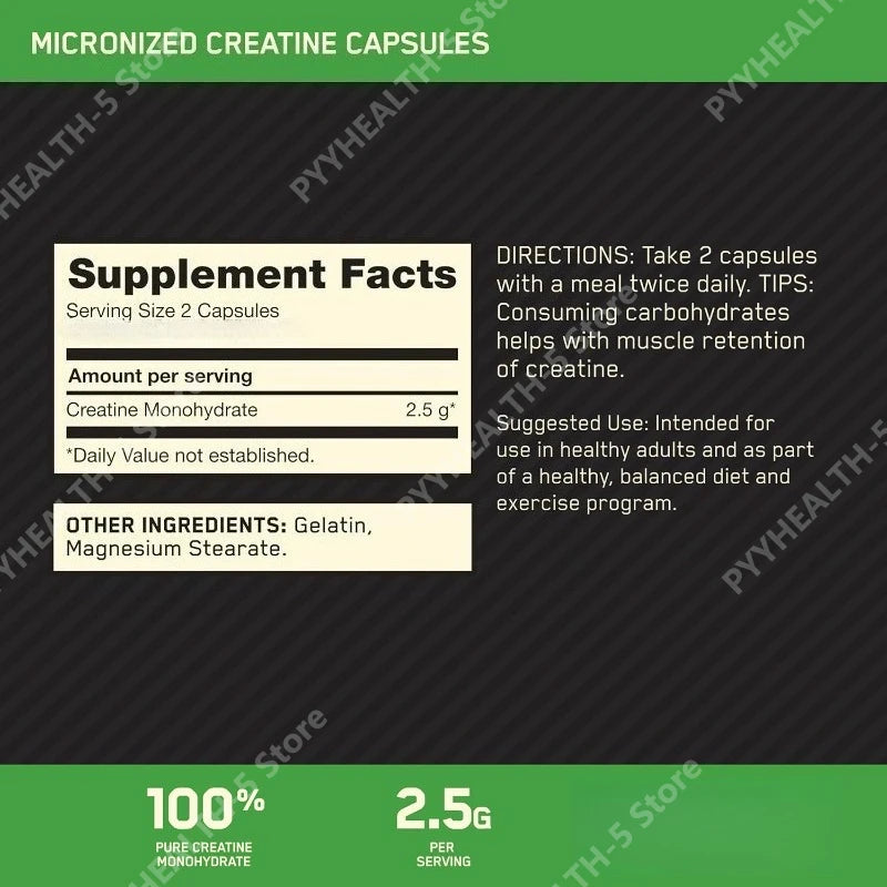 Creatine Monohydrate Supplement 60 Capsules Muscle Strength Fitness Pre-Workout Post-Workout Muscle Recovery Non-GMO Gluten-Free