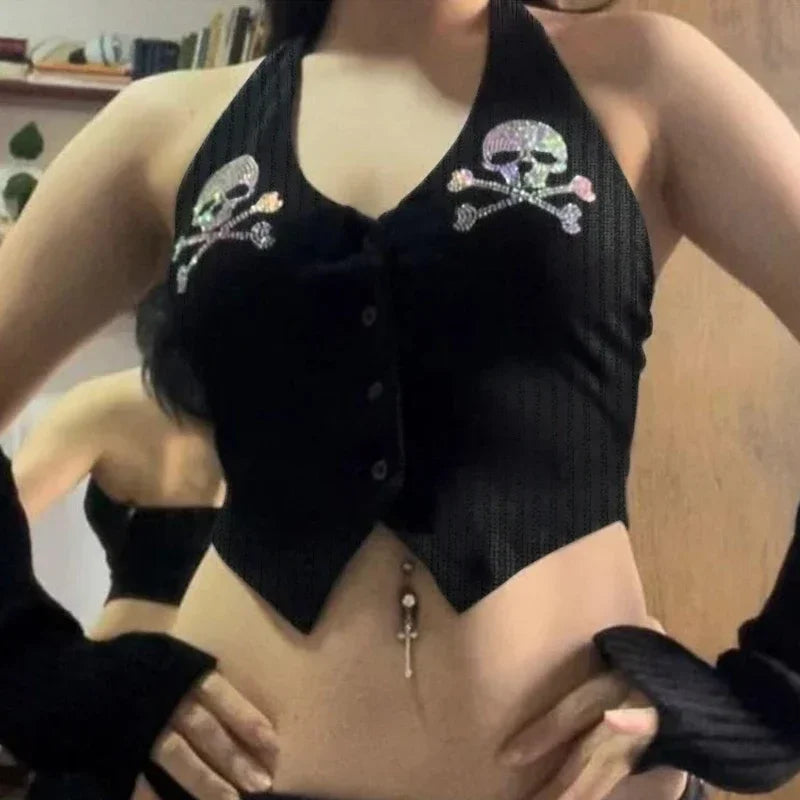 Women's Rhinestone Skull Pattern Sleeveless Halter Neck Crop Tops Y2k Summer Backless Tank Tops for Women