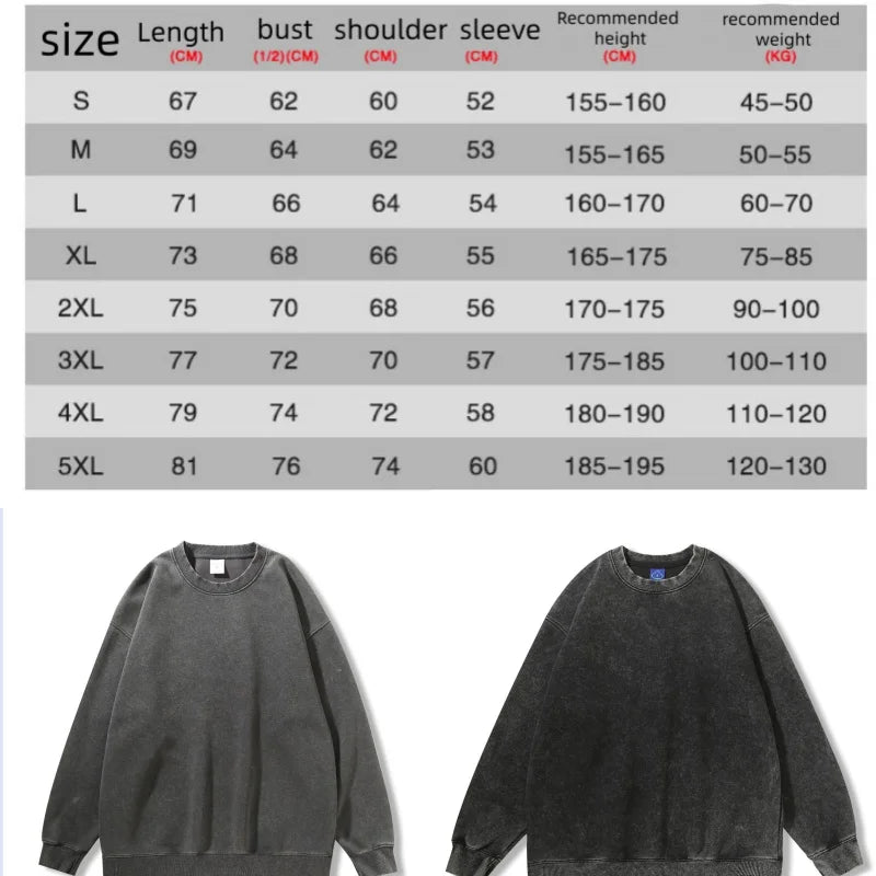 Woman Men Solid Washed Sweatshirt Cotton Acid Wash Hoodies Autumn Warm Crewneck Pullover Fashion Vintage Oversize Female Clothes