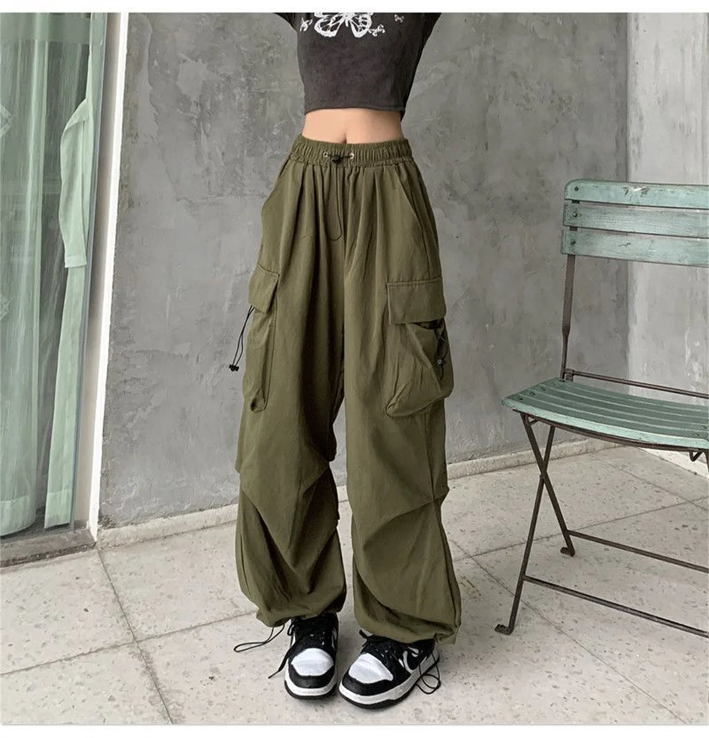 Red Big Pockets Cargo Pants Women High Waist Loose Streetwear Baggy Tactical Trouser Fashion Hip Hop Joggers Trousers Female