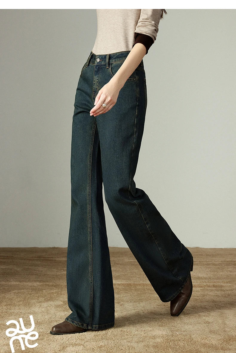 TOYOUTH Women Stretch Jeans 2025 Winter New Slightly Flared Mid-low Waist Slim Fitting Slimming Warm Fleece-lined Long Pants