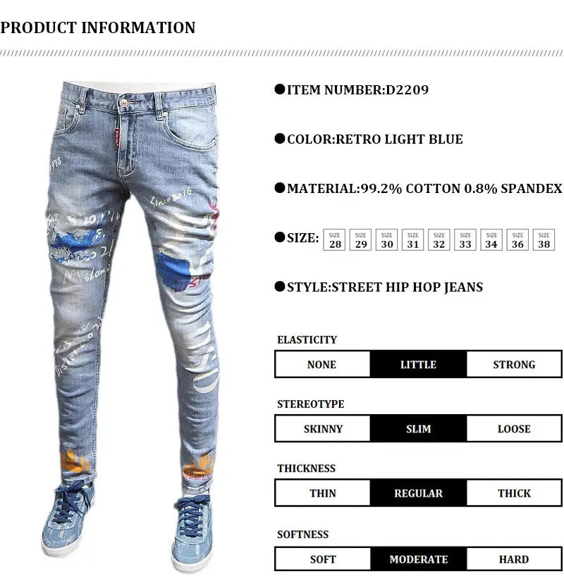 Designer Fashion New Men's Jeans Letter Printed Washed Nostalgic Stretch Slim Fit Retro Light Blue Jeans Hip Hop Brand High Qual