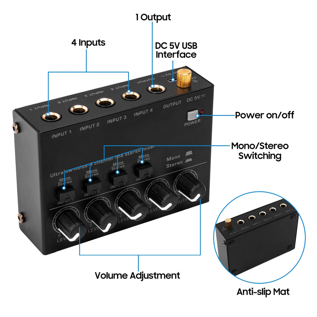 Ultra Low Noise 4 Channel Line Stereo Mixer 4 Input 1 Output DC 5V Mini Audio Mixer Microphone Guitar Bass Keyboard Mixers