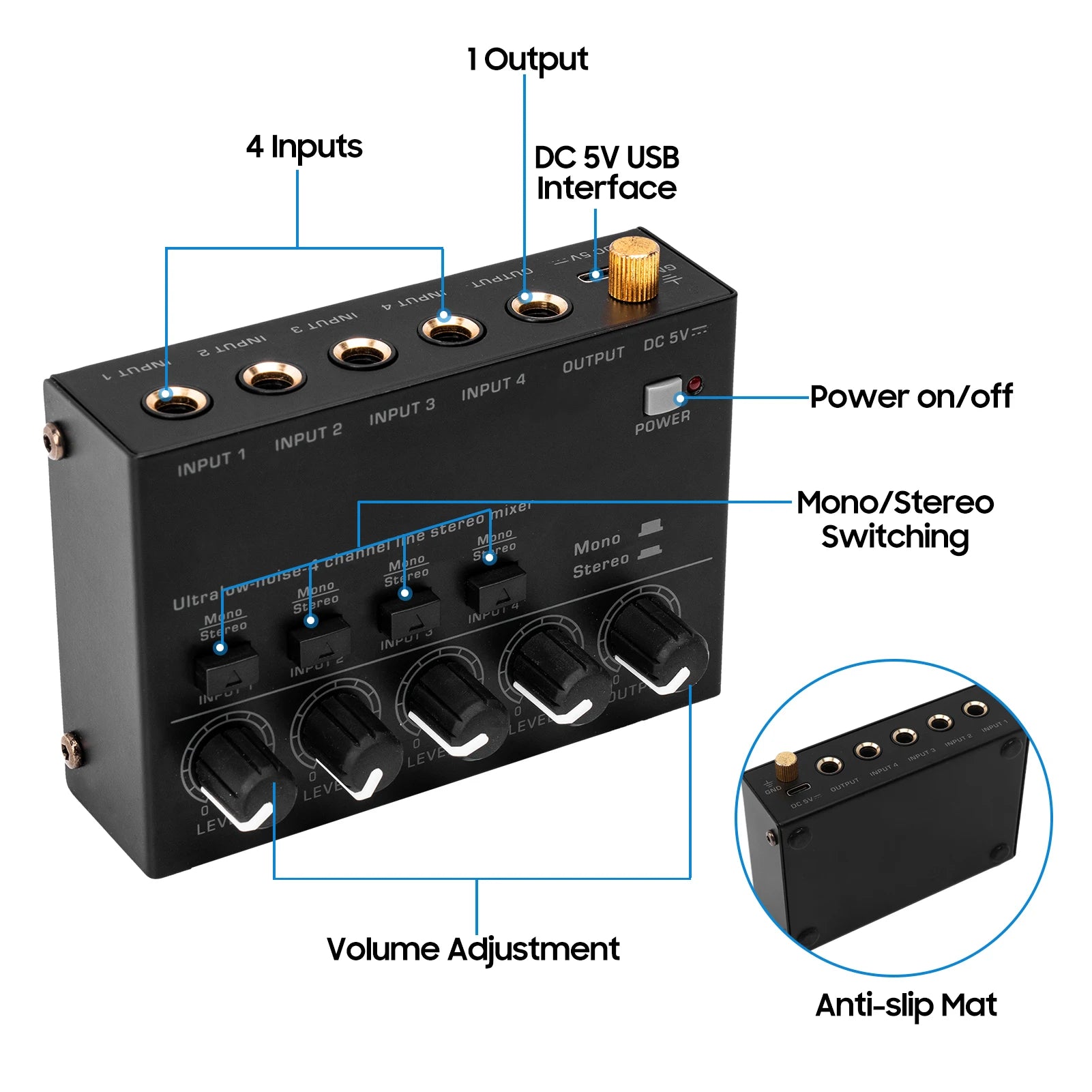 Ultra Low Noise 4 Channel Line Stereo Mixer 4 Input 1 Output DC 5V Mini Audio Mixer Microphone Guitar Bass Keyboard Mixers