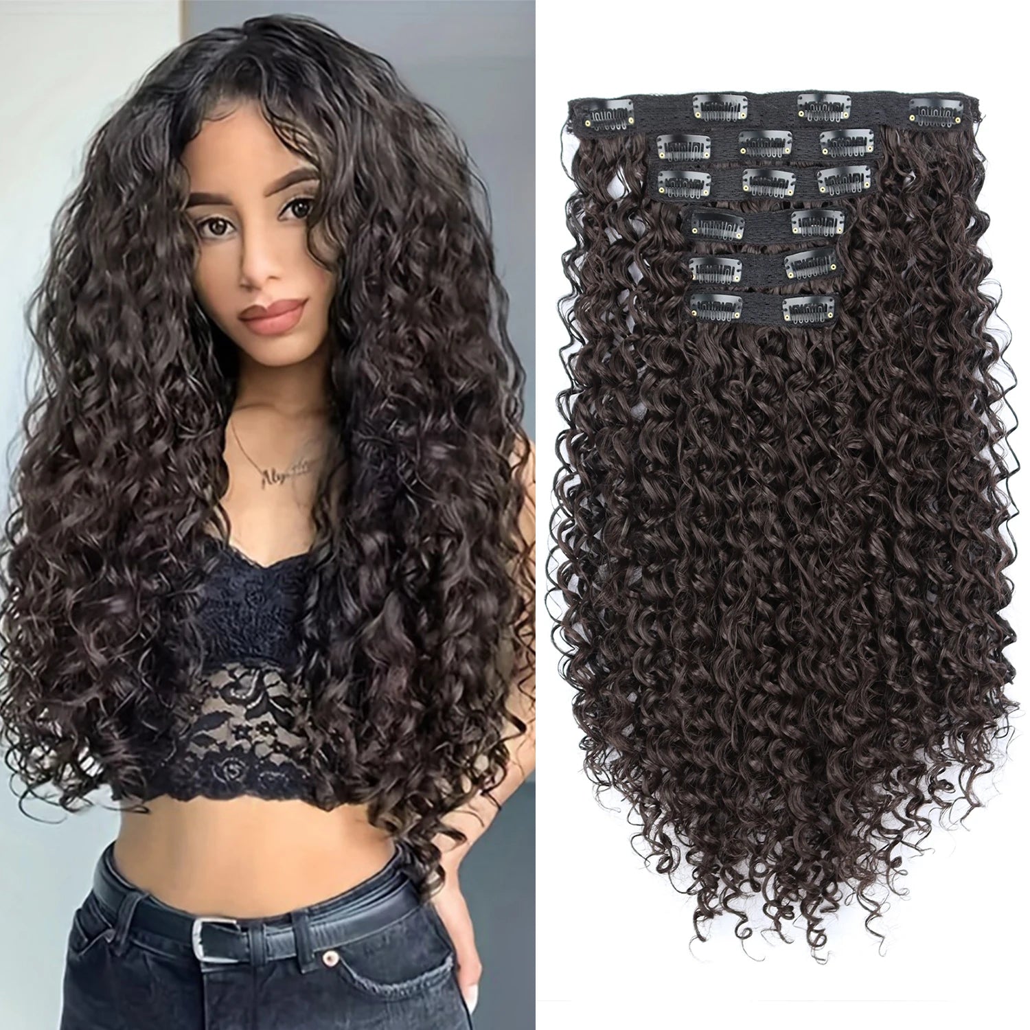 Synthetic Kinky Curly 16 Clip In Hair Extensions Full Head Fake Pieces Black Brown Hair Extensions Suitable For Women To Wear