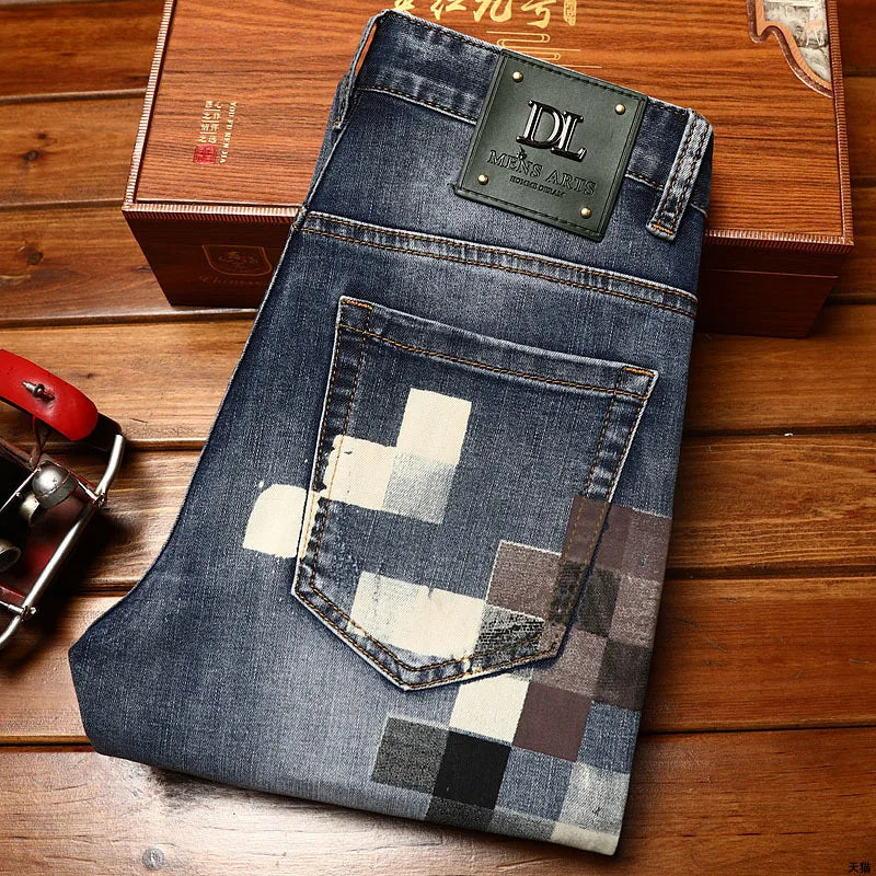 Trendy design mosaic printed jeans for men's fashionable summer thin casual and handsome elastic denim slim fit small leg pants
