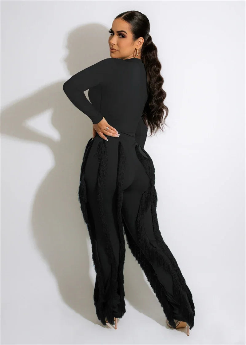 Elegant 2 Piece Sets Women Outfit 2025 Fall Winter Long Sleeve Bodysuit Top and Tassel Pants Matching Sets Ensembles Pantalons