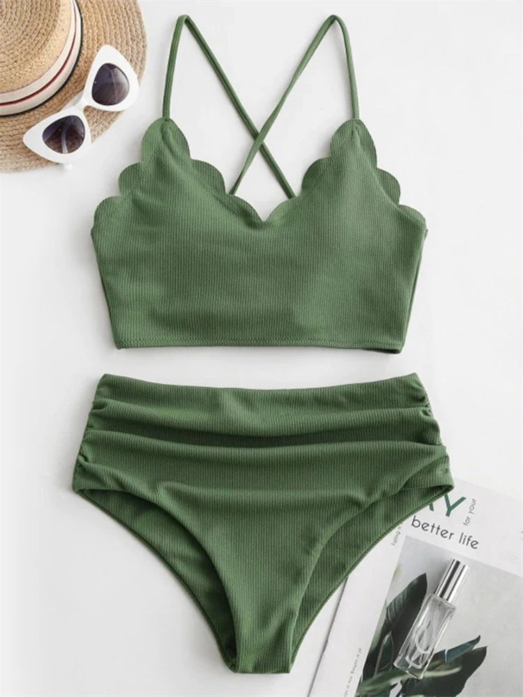 Bikini Women Swimsuit 2026 New Solid Ribbed Sling Bikinis Set Sexy High Waist Swimwear Summer 2 Piece Beach Bathing Suit Female