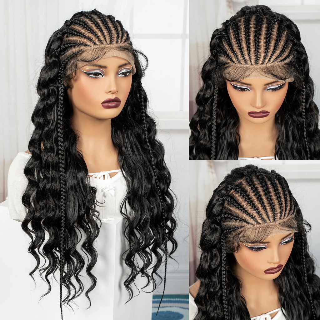 28inch 13x6 Transparent Lace Front Natural Deep Wave Hair Wigs with Cornrow Braids Synthetic Curly Brazilian Hair Wig for Women