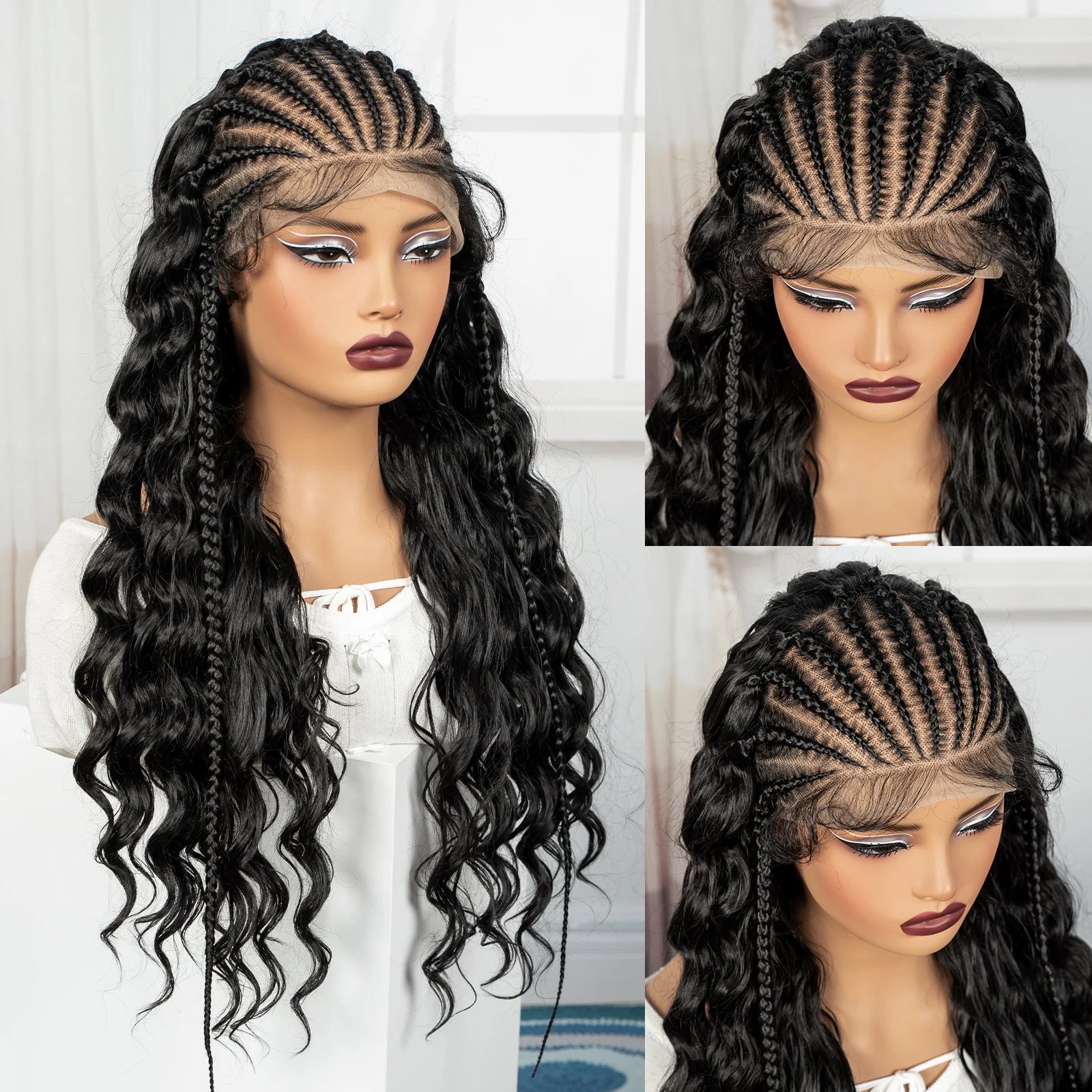 28inch 13x6 Transparent Lace Front Natural Deep Wave Hair Wigs with Cornrow Braids Synthetic Curly Brazilian Hair Wig for Women