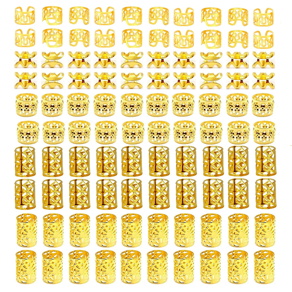 100Pcs Women Girls Dreadlocks Beads Hair Rings Braids Clips Metal Golden and Silver Hair Cuffs Hair Decoration Accessories