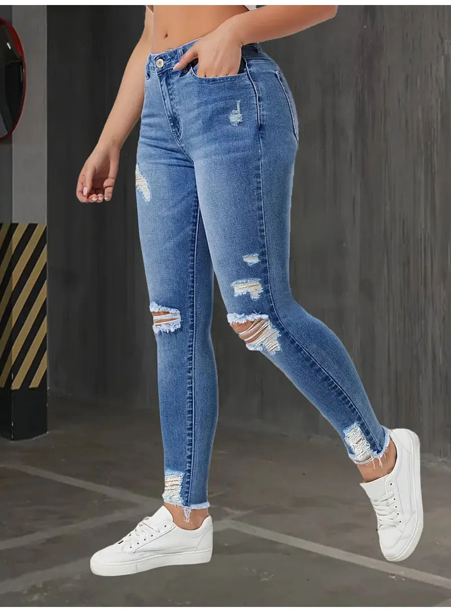 Fashion Skinny Hole Jeans Women 2025 Autumn Stretchy High Waisted Ripped Slim Retro Solid Color Denim Trousers Pants