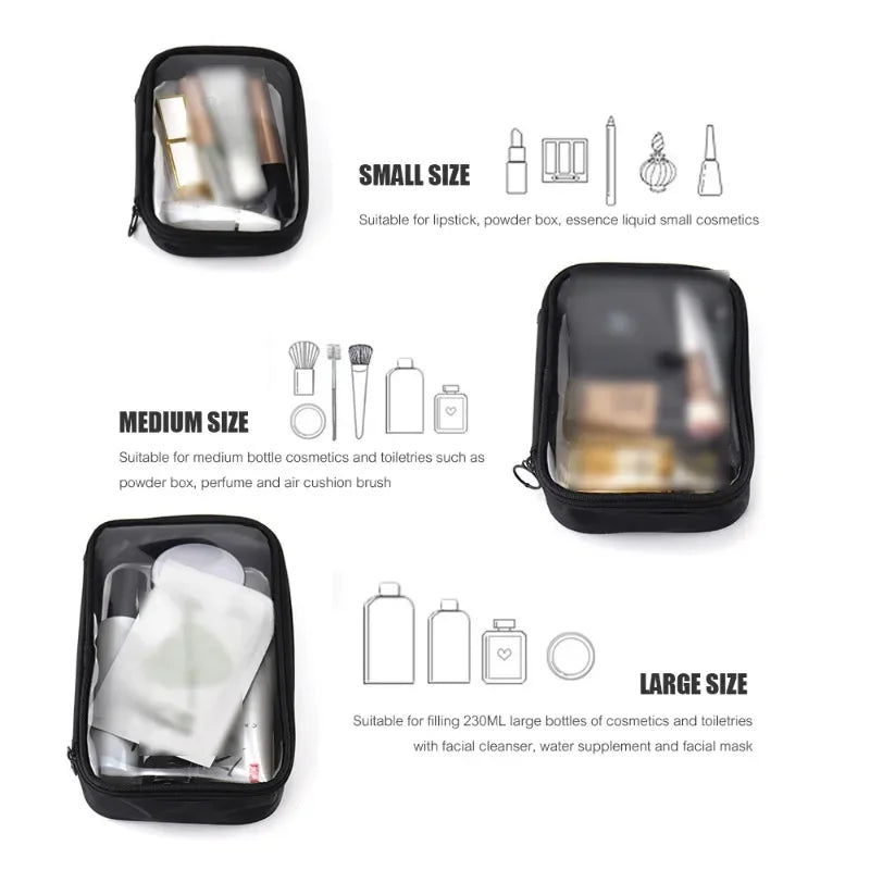 Waterproof Cosmetic Bag Transparent TPU Small Items Pack Makeup Toiletry Zipper Opening Storage Pouch Black Sturdy Wash Bags