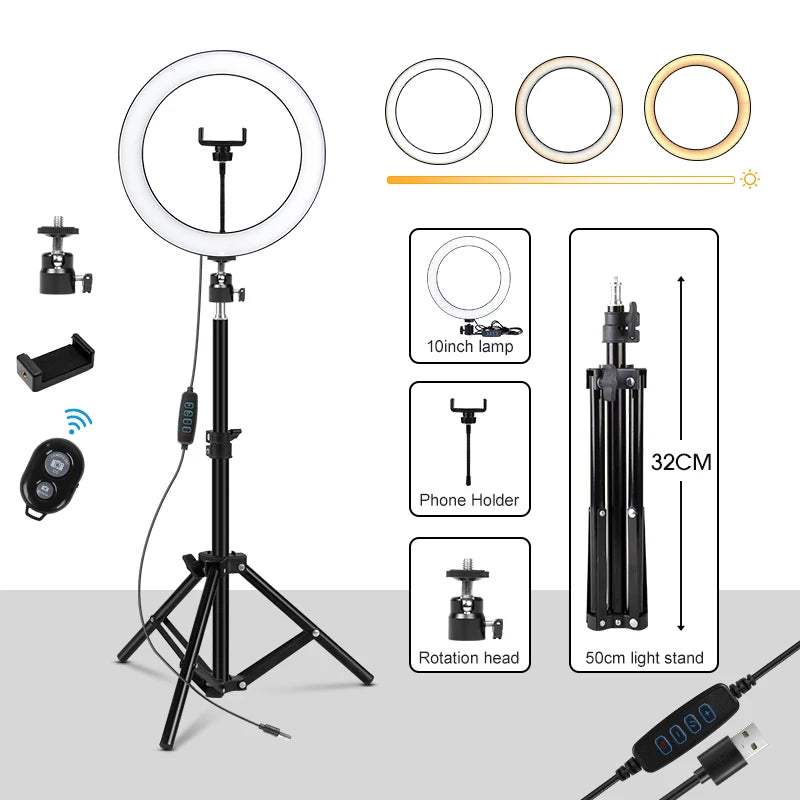 Dimmable Ring Light Selfie LED Round Lamps USB With Phone Holder 1.6M Tripod Stand For Tiktok Video Light Makeup Photography Set