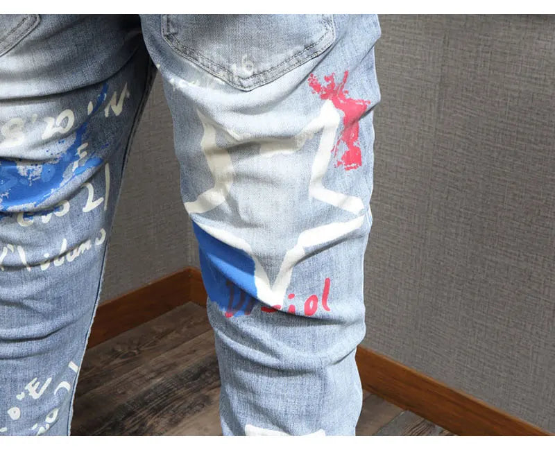 Designer Fashion New Men's Jeans Letter Printed Washed Nostalgic Stretch Slim Fit Retro Light Blue Jeans Hip Hop Brand High Qual