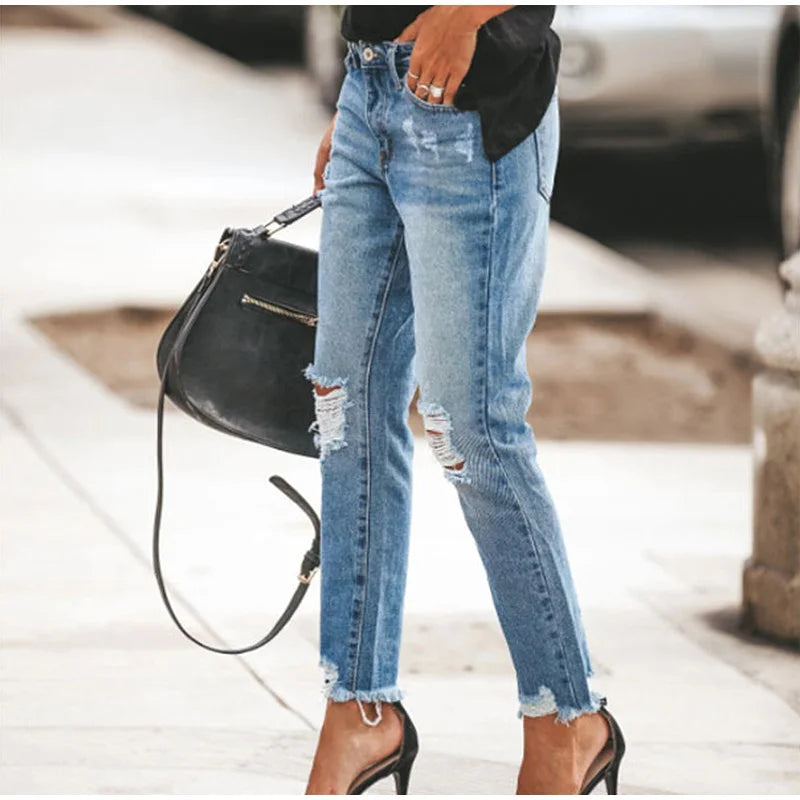 Casual Straight Jeans Women High Waisted Washed Skinny Ripped Slim Denim Pants 2025 Autumn Fashion Trend Commute Lady Trousers