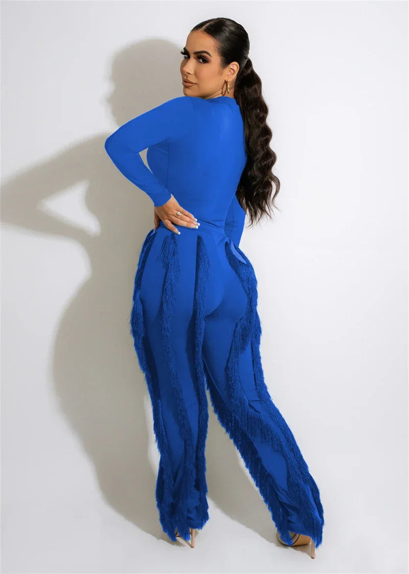 Elegant 2 Piece Sets Women Outfit 2025 Fall Winter Long Sleeve Bodysuit Top and Tassel Pants Matching Sets Ensembles Pantalons