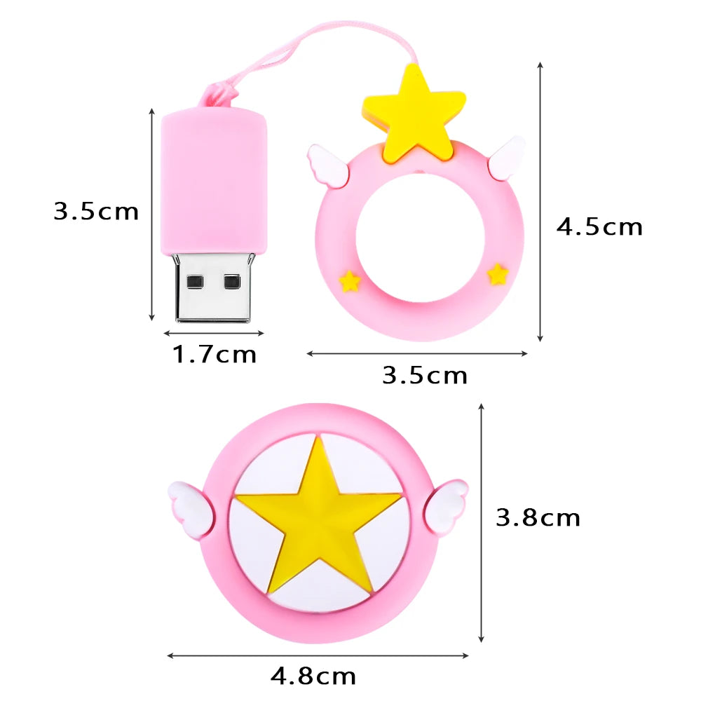 Cute Pink Stars Pen Drive Gifts for Girls Beautiful Girly Heart Key Chain Ring USB Flash Drives Real Capacity Memory Stick 64GB