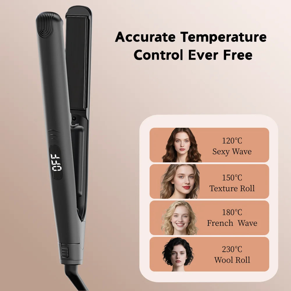 Black Flat Iron Hair Straightener 2-in-1, US Plug for Straightening & Curling, Fast Heat, Compact Portable Hair