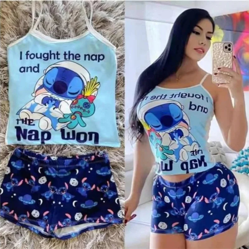 2Pcs Disney Stitch T-Shirt Short-Sleeved Set Summer Cartoon New Kawaii Yoga Suit Sports Shorts Sexy Suspender Pajamas Homewear