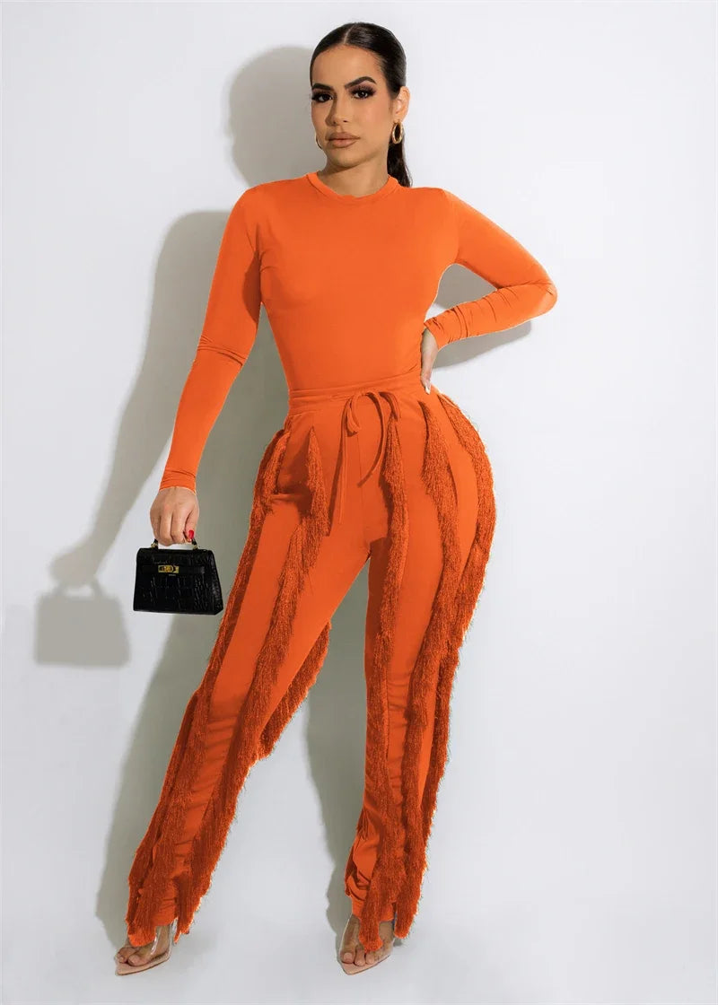 Elegant 2 Piece Sets Women Outfit 2025 Fall Winter Long Sleeve Bodysuit Top and Tassel Pants Matching Sets Ensembles Pantalons