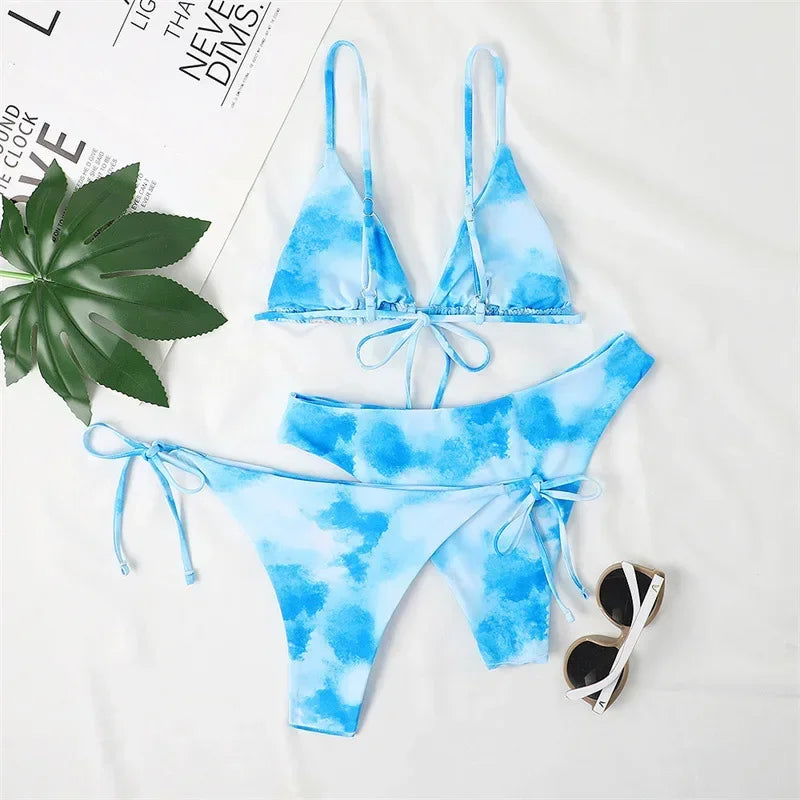 Women's Sexy 3-Piece Bikini Set - Push Up Bandage Triangle Swimsuit in Blue & Purple, Brazilian Beachwear
