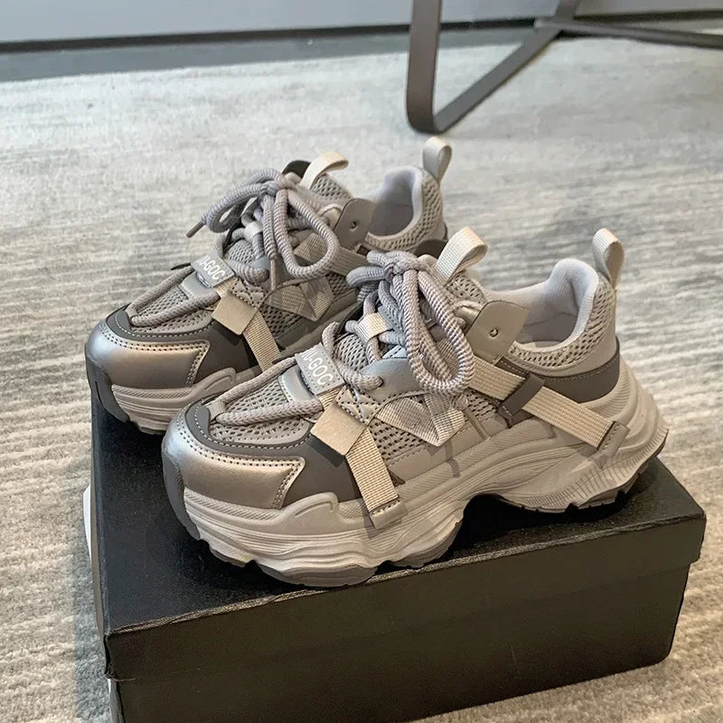 Women's Chunky Sneakers  Breathable Mesh Platform Sports Shoes Woman Fashion Lace Up Thick Sole Casual Shoes Mujer