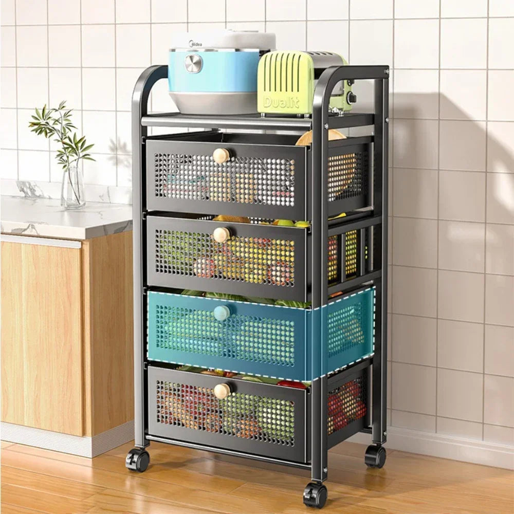 Kitchen Shelf With Drawer Multifunctional Storage Rack Fruits Vegetables Storage Cart Organizer With Wheels Bar Carts Cabinets