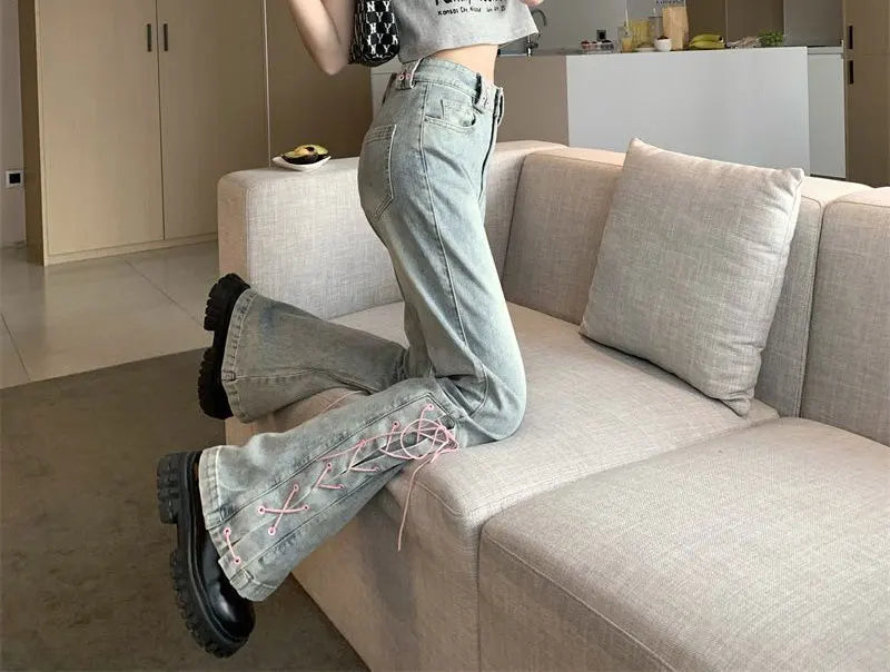 Y2k Pink Fashionable Lace-up Flared Jeans Autumn New High Waist Bootcut Denim Pants Female Clothing Korean Slim Vintage Trousers
