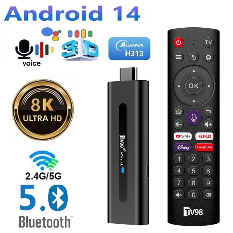 TV98 ATV Stick Smart Android 14 Quad Core Allwinner H313 Dual WiFi 5G 4G HD 8K 4K Media Player BT5.0 Voice remote streaming iptv