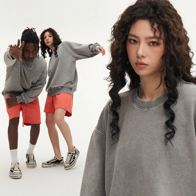 Woman Men Solid Washed Sweatshirt Cotton Acid Wash Hoodies Autumn Warm Crewneck Pullover Fashion Vintage Oversize Female Clothes