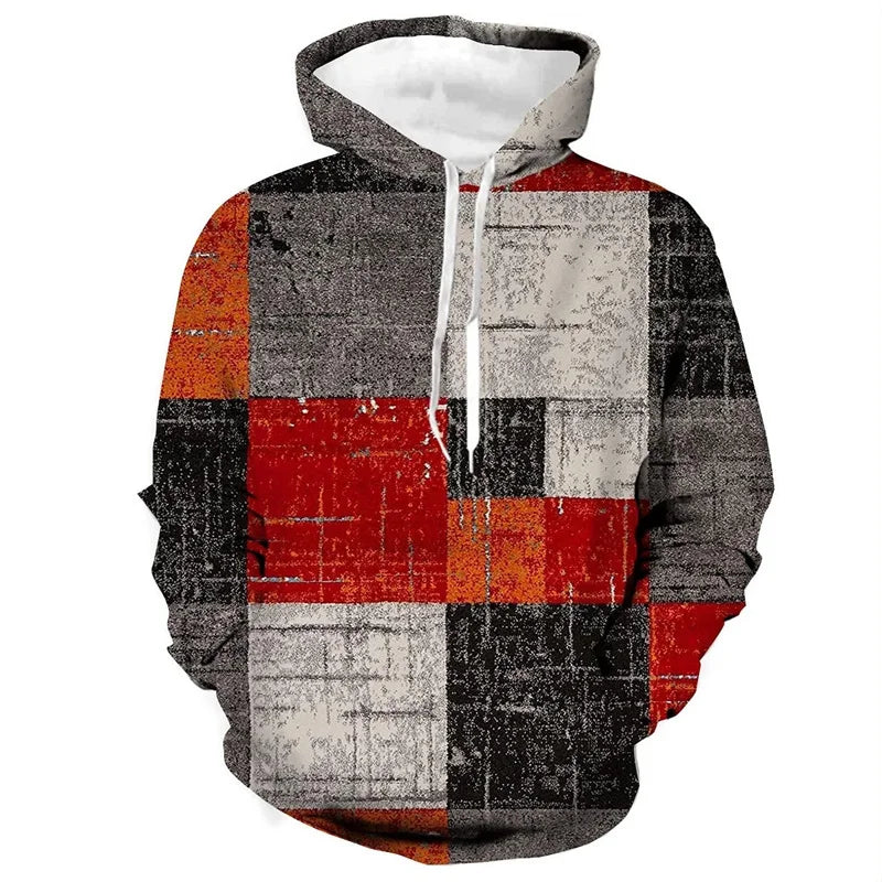 Vintage Hoodies For Men 3d Plaid Print Colorful Hoodie Sweatshirts Long Sleeve Pullovers Street Mens Clothes Casual Unisex Tops