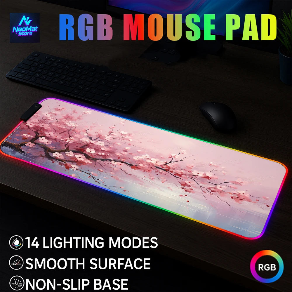 Rgb Cherry Blossom Mouse Pad Lighting Pink Mousepad Sakura Japanese Large Mouse Mat Gamer with Backlight Carpet Led Gaming Mats
