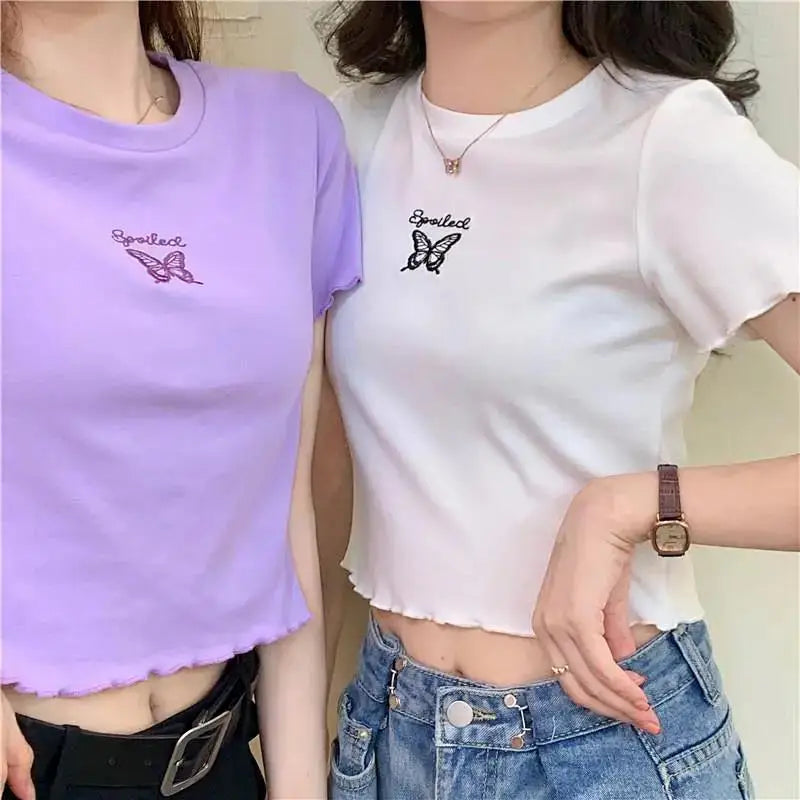 Y2K Crop Top T-shirt Women O-neck High Waist Slim Crop Top Butterfly Embroidered Short-Sleeved Tee Shirt T-shirts  Woman Clothes