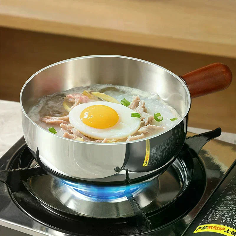 Stainless Steel Milk Pot With Wooden Handle, Compact Cooking Pot, Suitable For Frying Eggs And Heating Milk. Made Of Stainless S