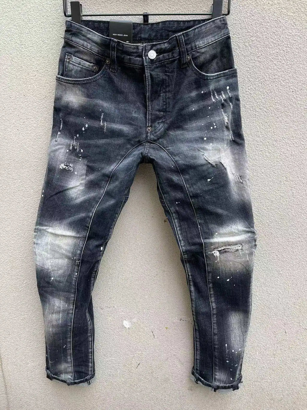 Men Black Ripped Denim Jeans Italian High Street Style Holes Jeans Denim Pants High Quality Male Slim Fit Denim Trousers Size 38