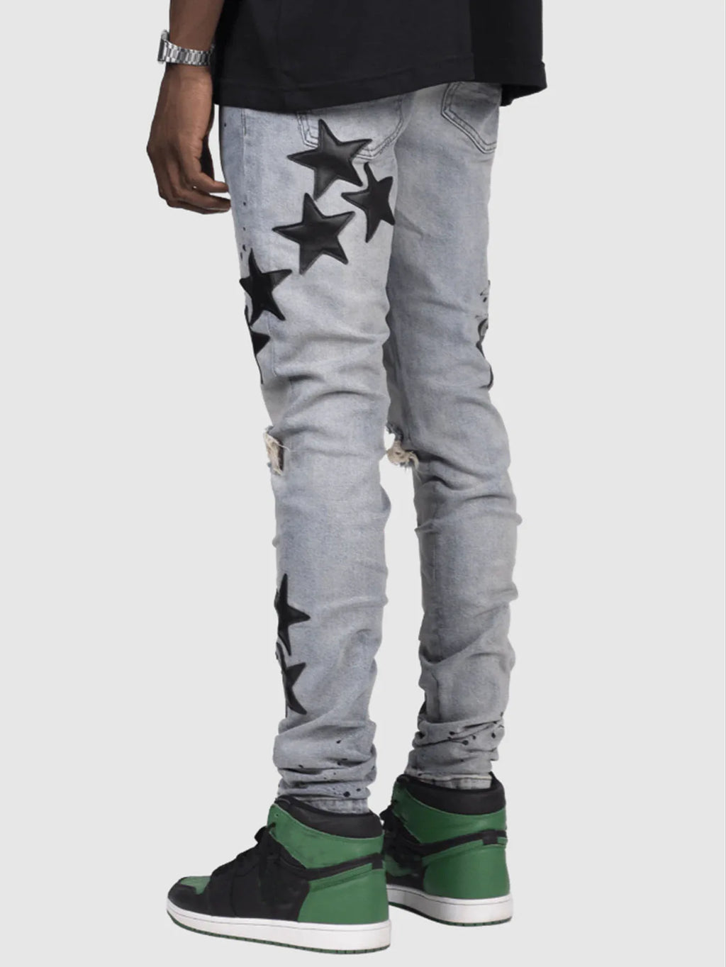 Ripped Men Jeans Denim Pant Star Mid Waist Slim Fit Vintage Wash Punk Style Skinny Pencil Pants Distressed Holes Ankle Length