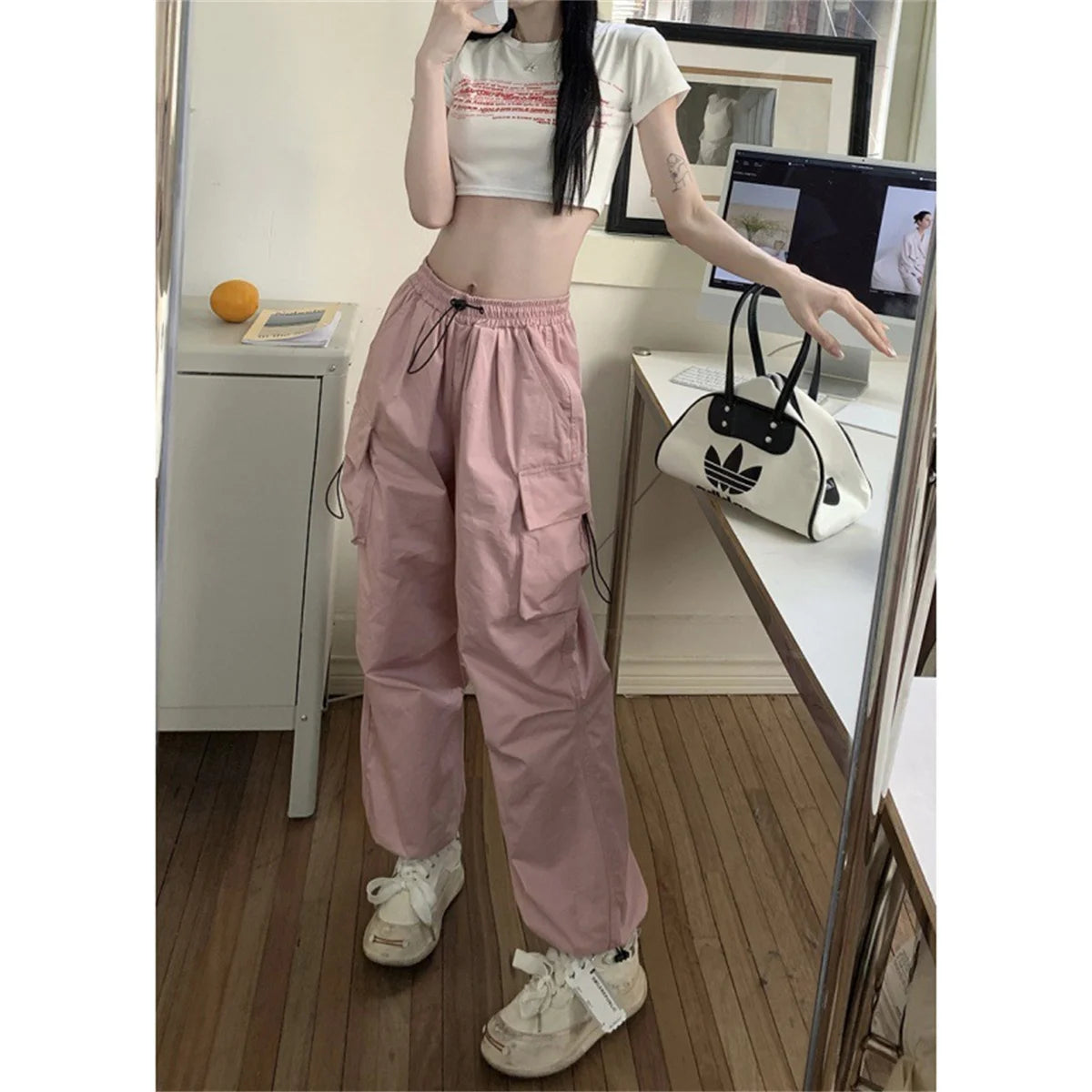 Red Big Pockets Cargo Pants Women High Waist Loose Streetwear Baggy Tactical Trouser Fashion Hip Hop Joggers Trousers Female