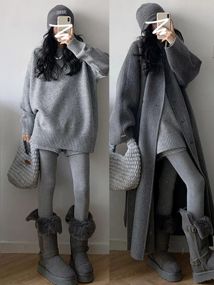 Women Oversized Grey Knit Co-ord Set Autumn Winter Soft Loungewear Minimalist Relaxed Fit Sweater & Shorts 2PCS Outfit Suit