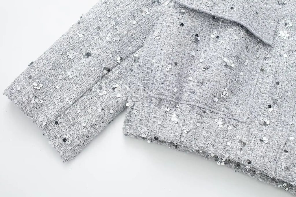 Women's Sequined Bomber Jacket Fall New Round Neck Long Sleeve Pocket Stretch Hem Sequins Jacket Coat Female Chic Outerwear