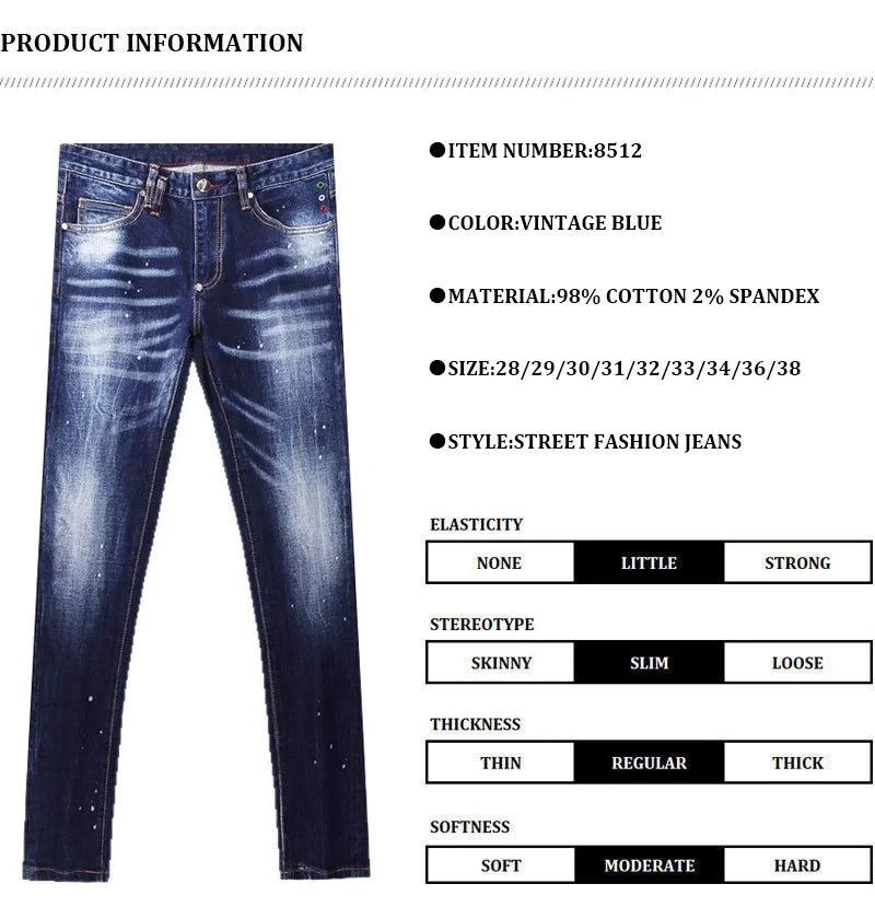 Designer Fashion Men Jeans High Quality Retro Blue Stretch Slim Fit Painted Ripped Jeans Men Brand Vintage Denim Pants Hombre