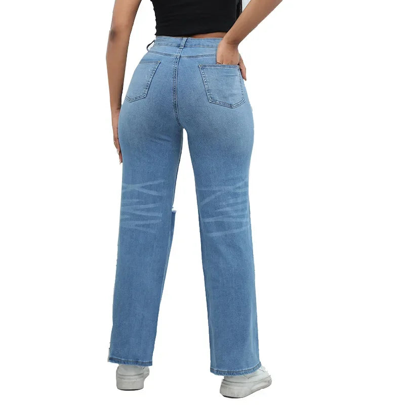 Women'S Ripped Boyfriend Jeans Draping Straight Leg Jeans Korea Ladies Stretch Hole Denim Trousers Button Pocket High Waist Pant