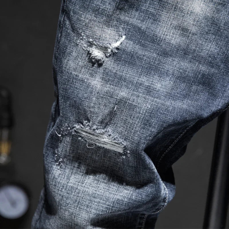 Men's Ripped Jeans Streetwear Personality Trendy Korean Fashion Slim Beggar Holes Denim Pants Stretch Casual Male Trousers