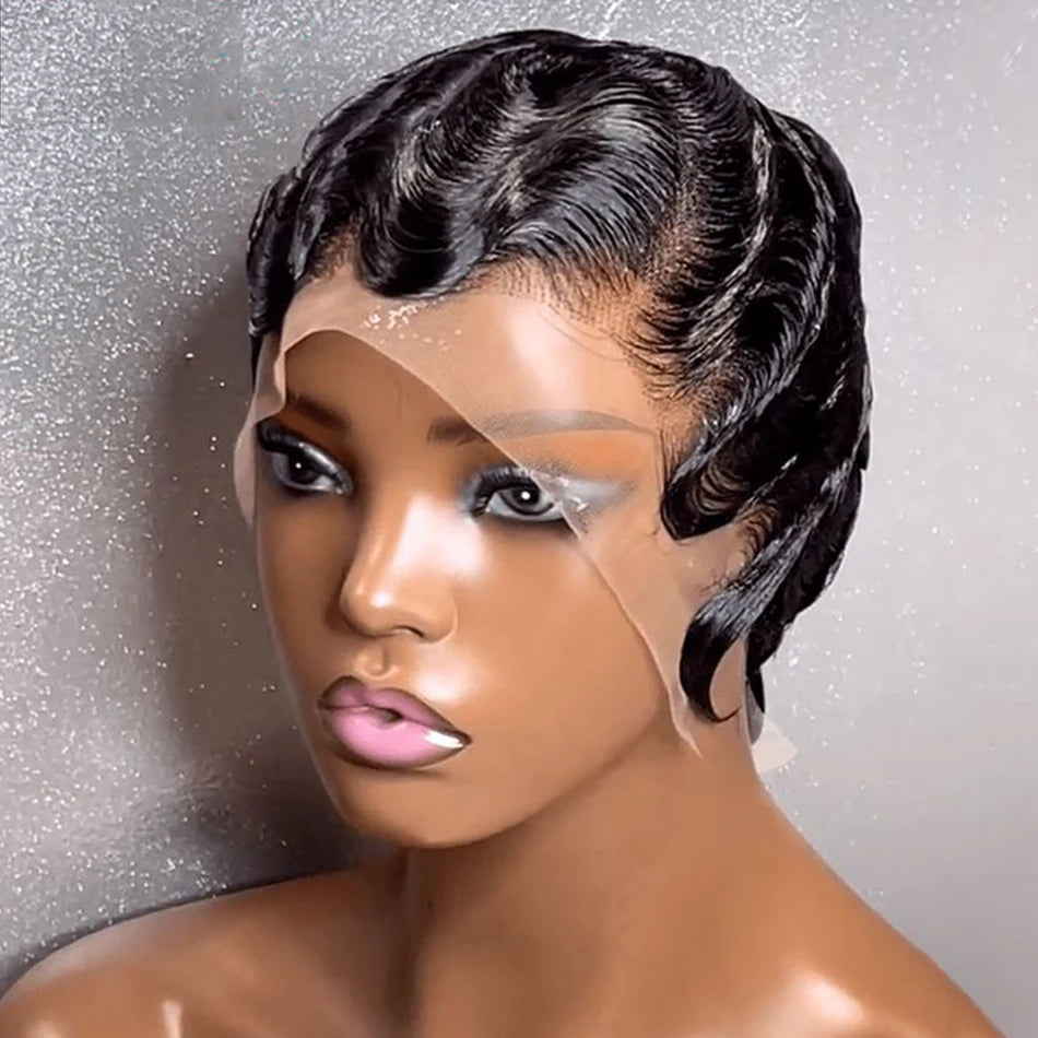 Retro Finger Wave Brazilian Remy Human Hair 13x4 Lace Frontal Water Wavy Pixie Wig for Women 150% Density Ocean Deep Wave Wig