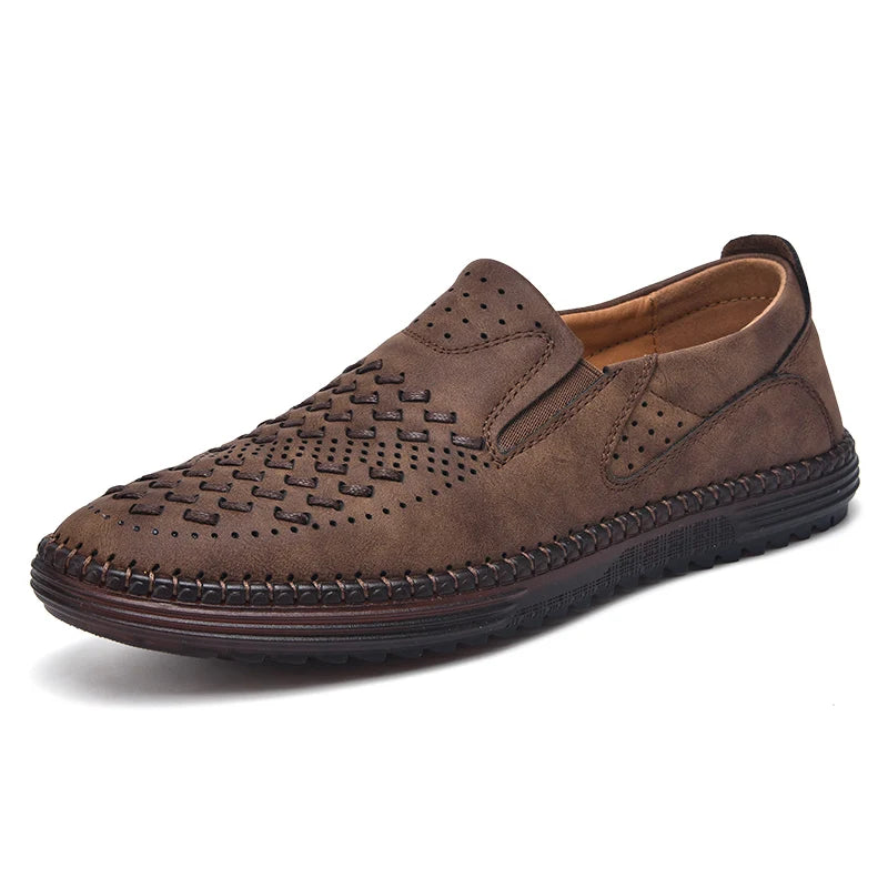 New 2024 Handmade Leather Men Shoes Design Fashion Sneakers Slip On Loafers Summer Mesh Breathable Casual Shoes Men Driving Flat
