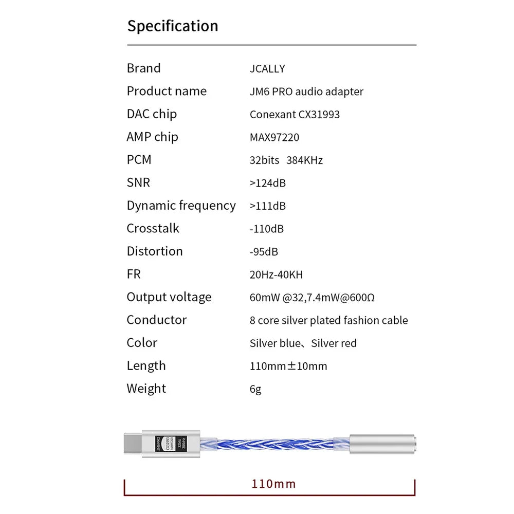 JCALLY JM6 Pro Type-C to 3.5mm Dual DAC CX31993 MAX97220 Digital Audio Headphone Amplifier HiFi DAC Mobile Headset Adapter