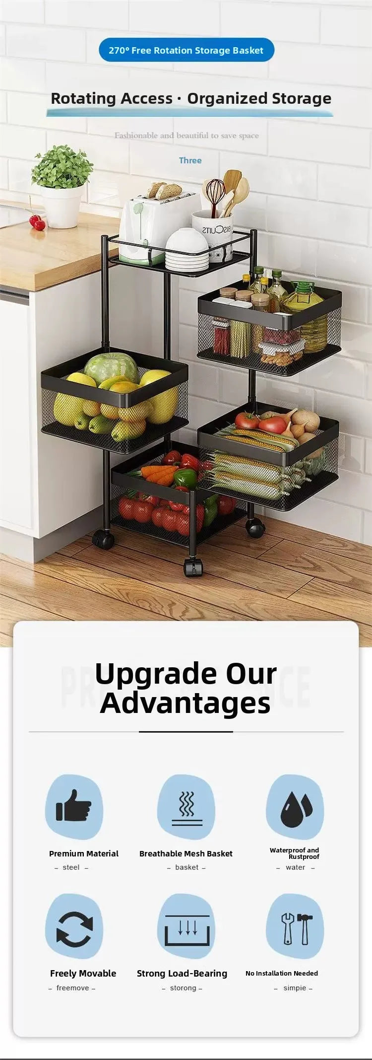 Home Use Rotating Multi-Layer Mobile Storage Ra Frie  Vegetable Fruit Storage elf Kitchen Organization No Installation