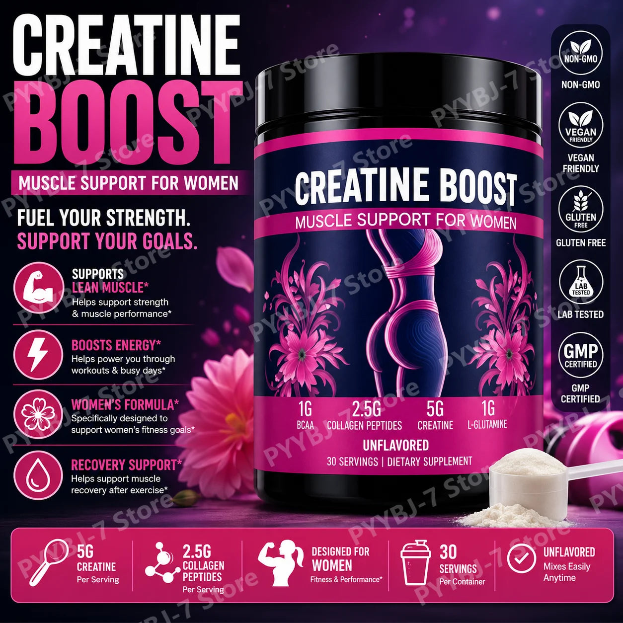 Creatine Powder for Women 5g Monohydrate with Collagen Peptides BCAA L-Glutamine Unflavored 30 Servings Daily Wellness Support